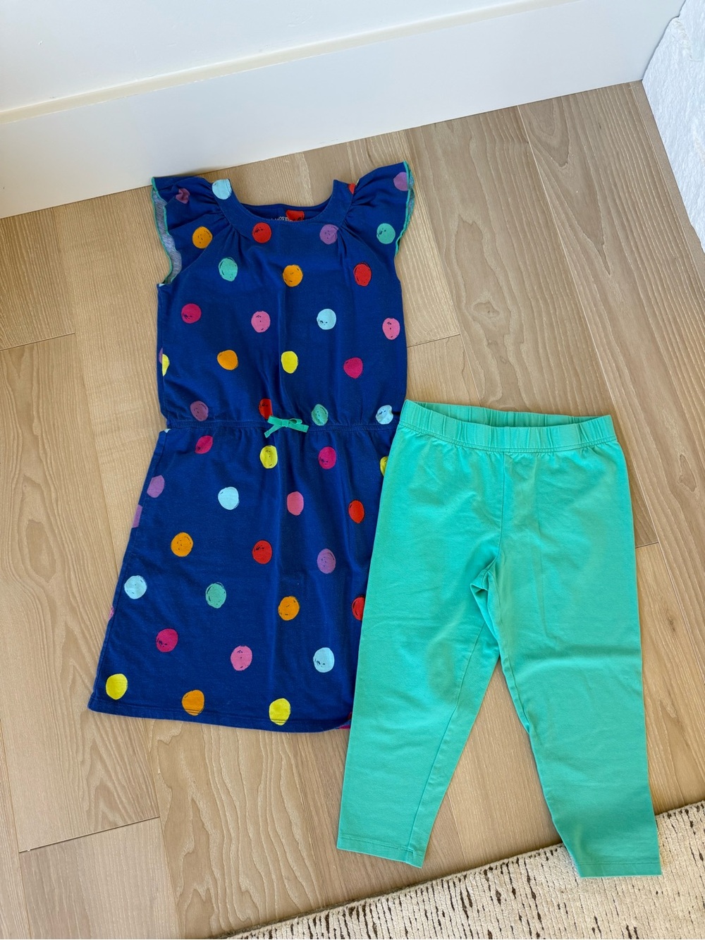 Lands' End Navy Polka Dot Dress with Mint Green Leggings